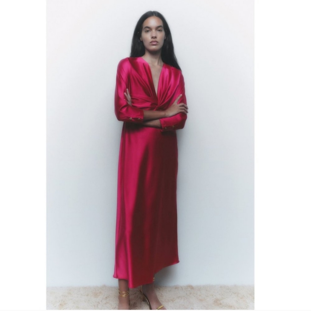 Zara Fuchsia Satin Midi Dress